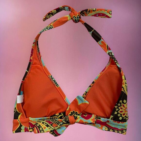 y2k coconut girl style multicolor orange paisley floral halter tie bikini top🎀 - Picture 4 of 7